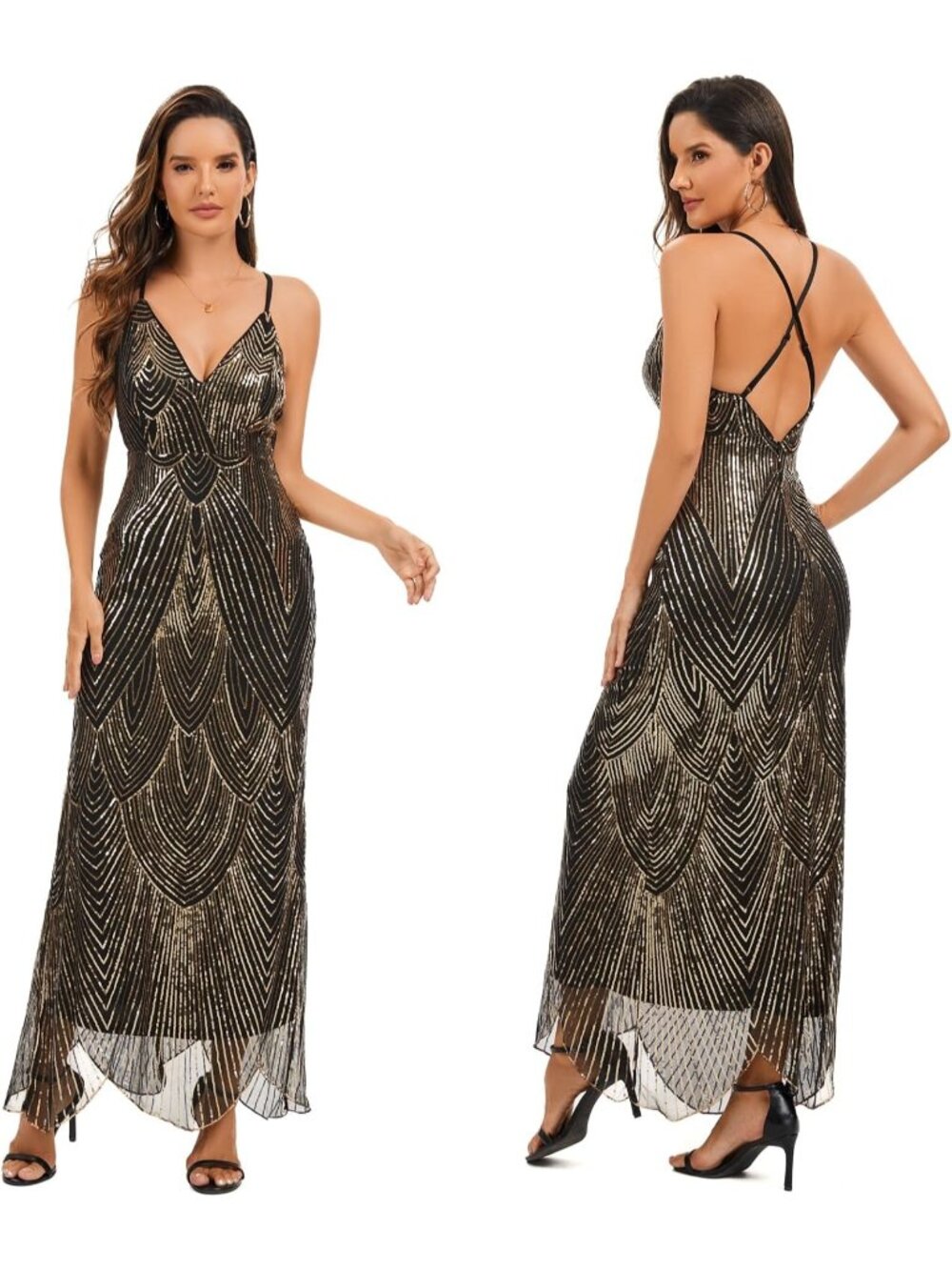 Women's Black Gold V Neck Spaghetti Straps Sparkly Glitter Backless Maxi Dress